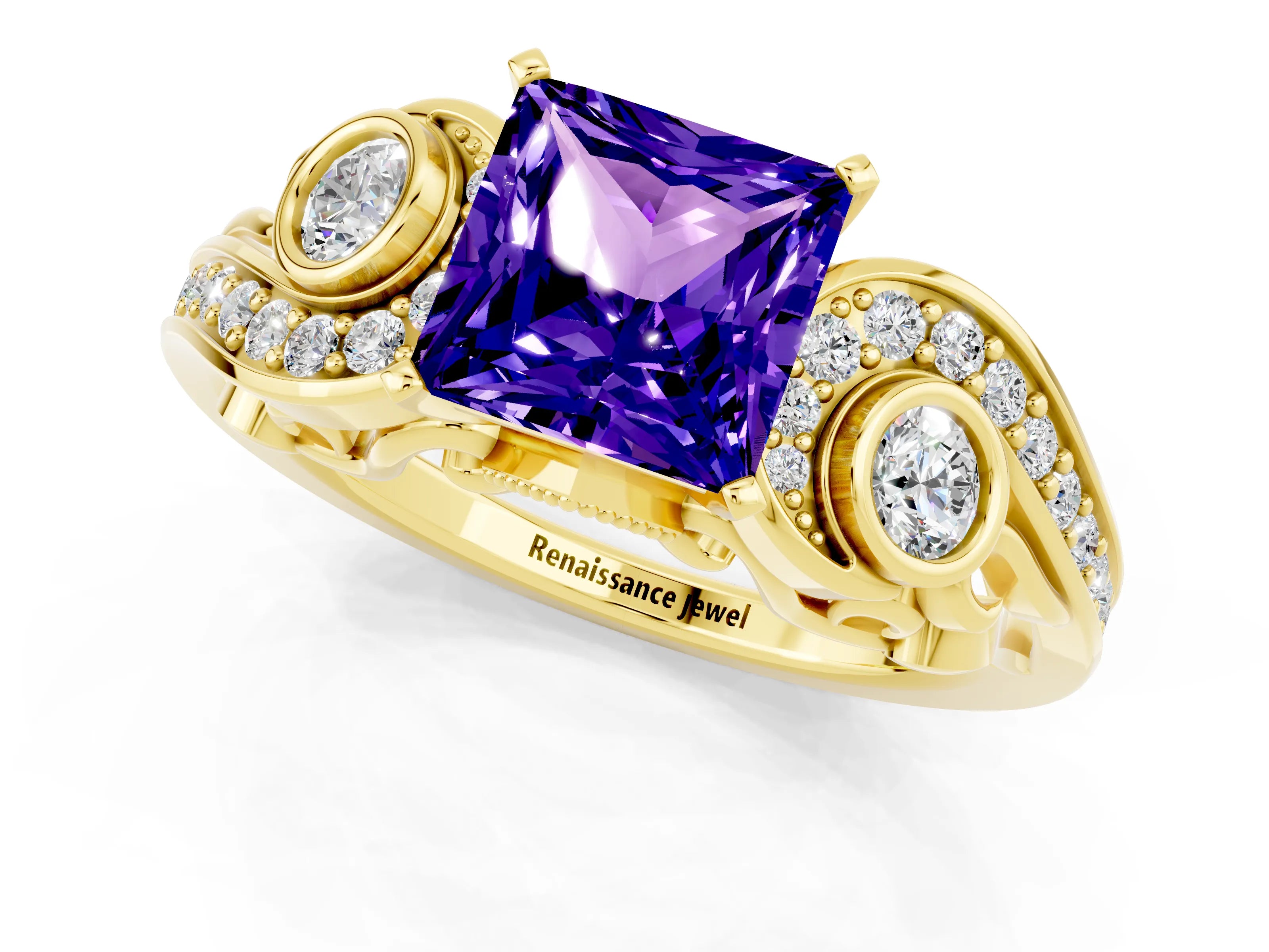 Yellow gold Princess Cut Tanzanite Solitaire Ring with Milgrain Pavé Band and Four-Prong Setting_25