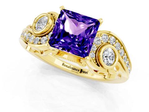 Yellow gold Princess Cut Tanzanite Solitaire Ring with Milgrain Pavé Band and Four-Prong Setting_25