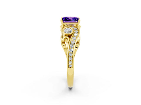 Yellow gold Princess Cut Tanzanite Solitaire Ring with Milgrain Pavé Band and Four-Prong Setting_26