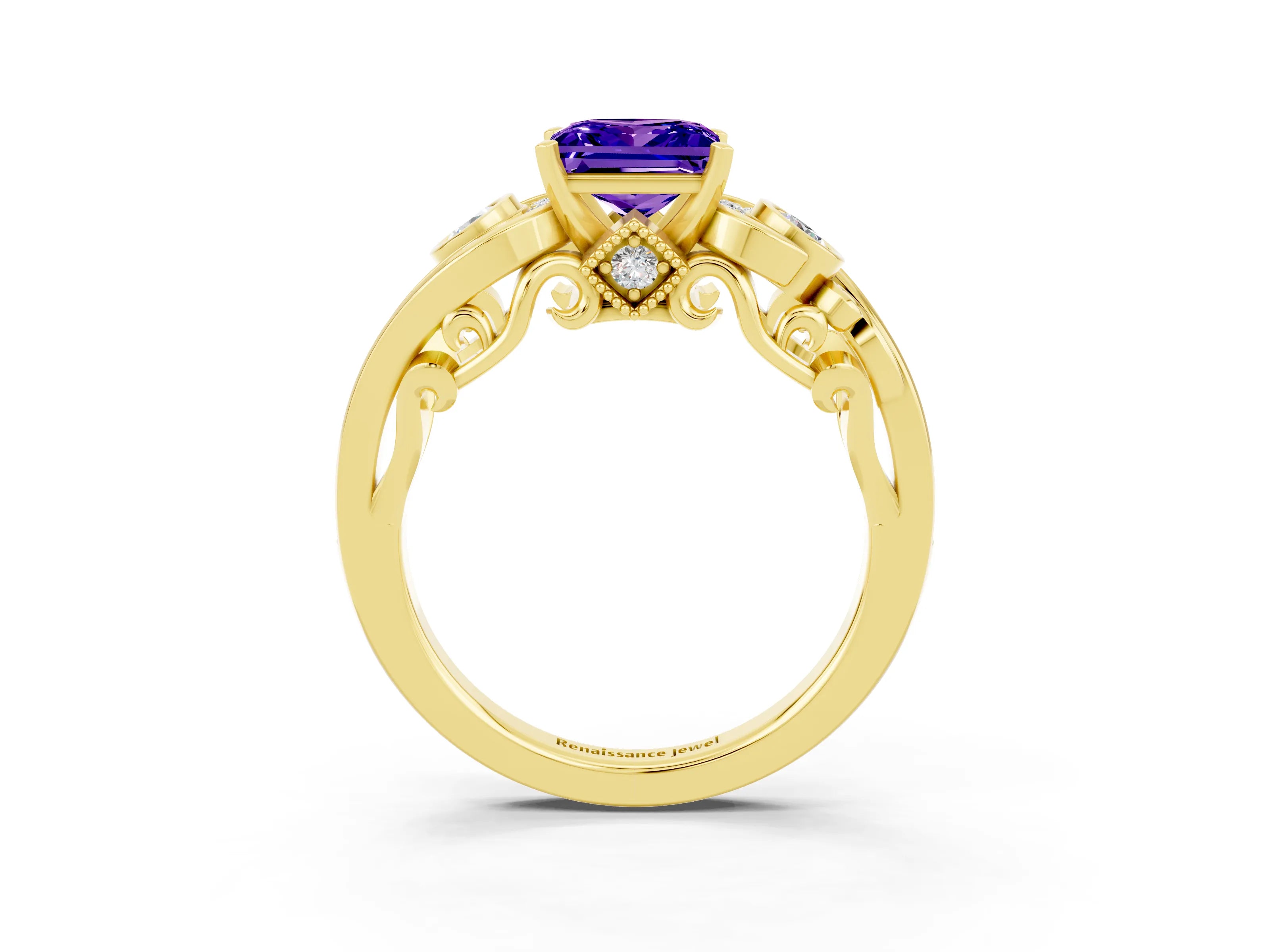 Yellow gold Princess Cut Tanzanite Solitaire Ring with Milgrain Pavé Band and Four-Prong Setting_27
