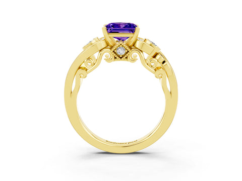 Yellow gold Princess Cut Tanzanite Solitaire Ring with Milgrain Pavé Band and Four-Prong Setting_27