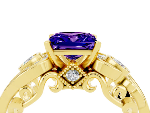 Yellow gold Princess Cut Tanzanite Solitaire Ring with Milgrain Pavé Band and Four-Prong Setting_28