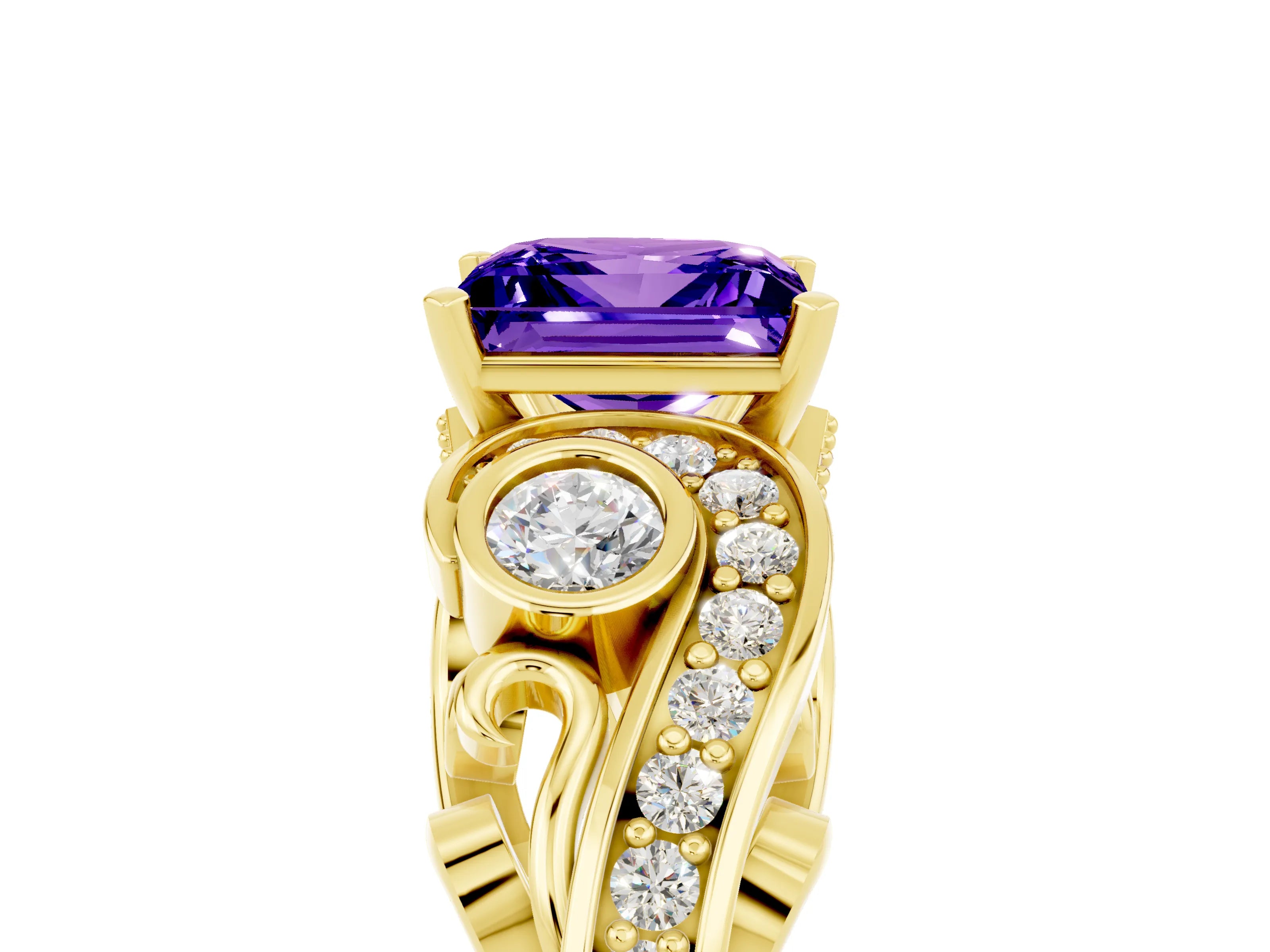 Yellow gold Princess Cut Tanzanite Solitaire Ring with Milgrain Pavé Band and Four-Prong Setting_29