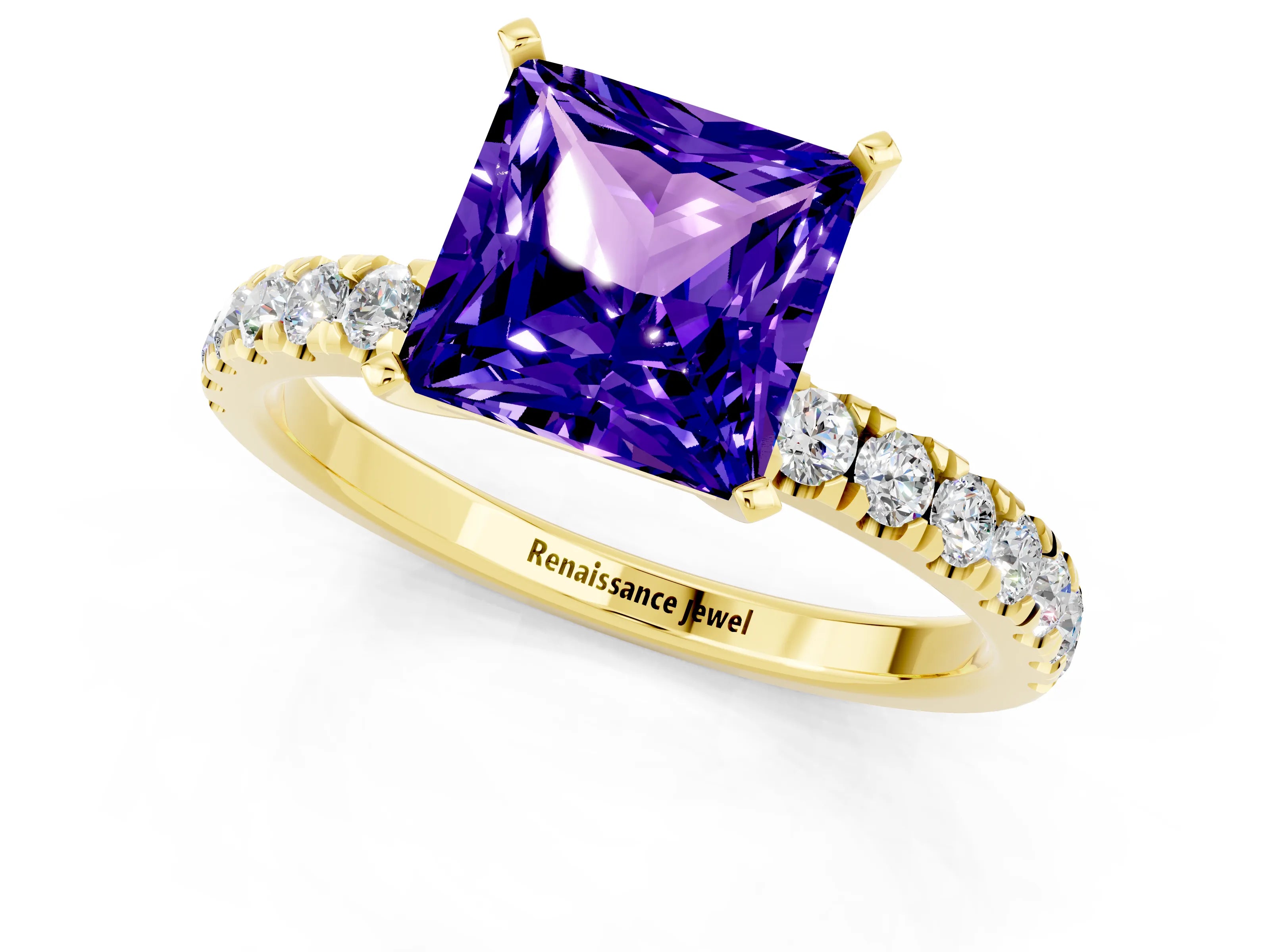 Yellow gold Princess Cut Tanzanite Solitaire Ring with Pavé Accents and Four-Prong Setting_1