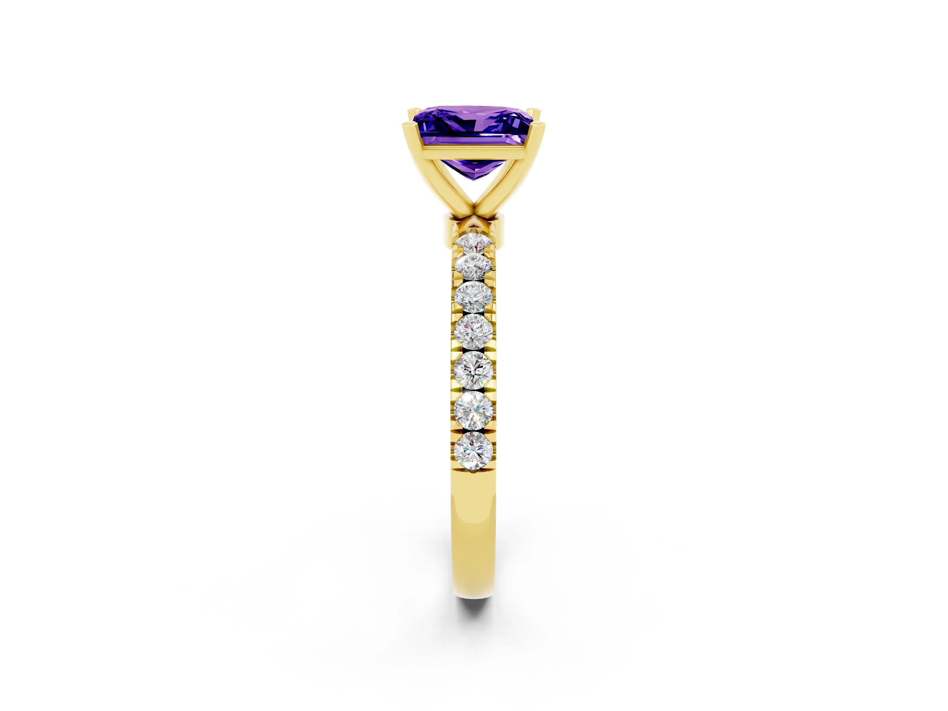 Yellow gold Princess Cut Tanzanite Solitaire Ring with Pavé Accents and Four-Prong Setting_2
