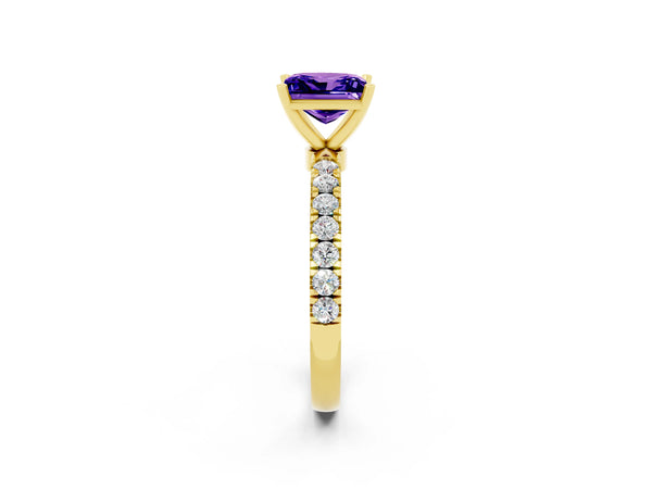 Yellow gold Princess Cut Tanzanite Solitaire Ring with Pavé Accents and Four-Prong Setting