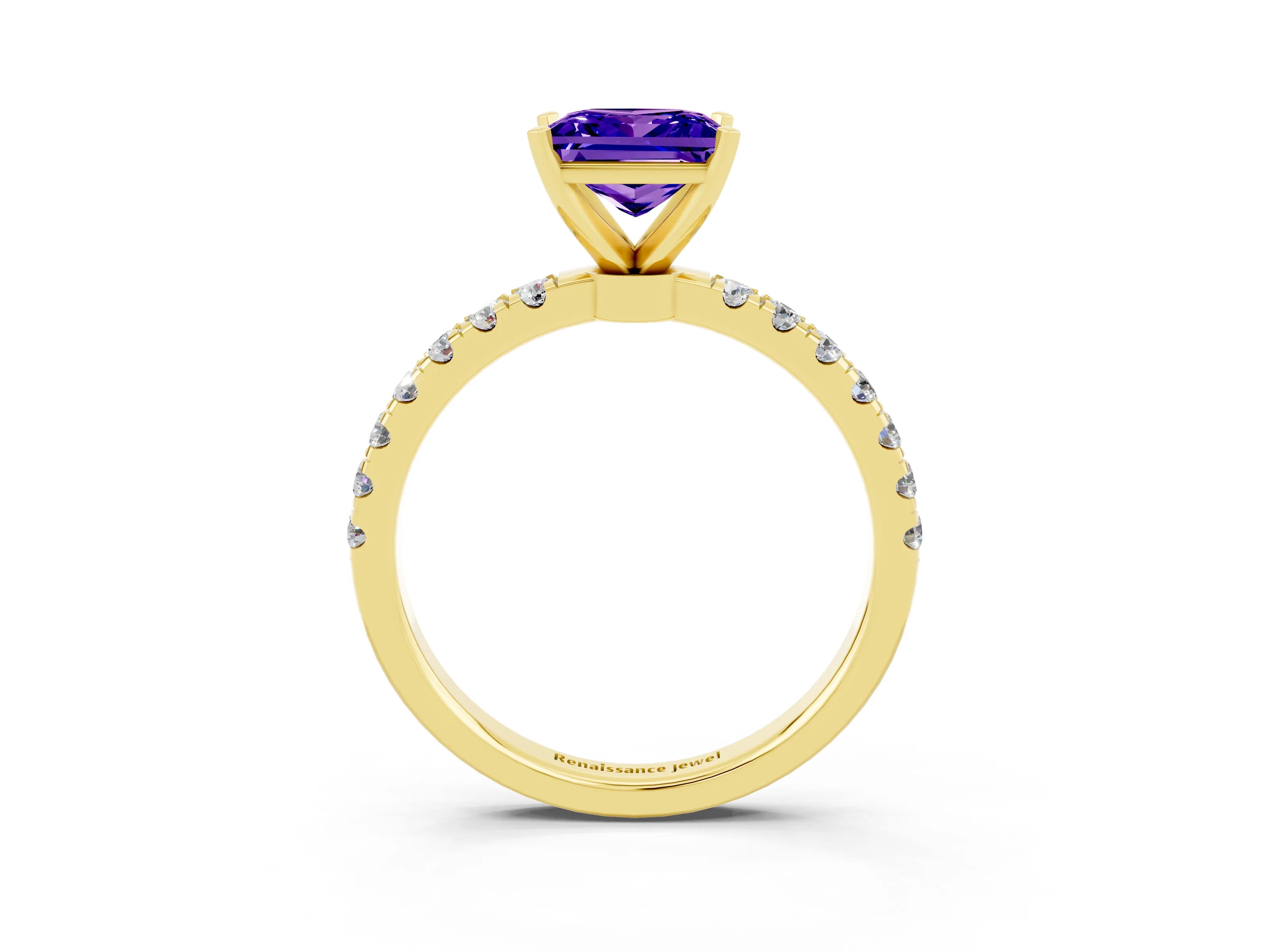 Yellow gold Princess Cut Tanzanite Solitaire Ring with Pavé Accents and Four-Prong Setting_3