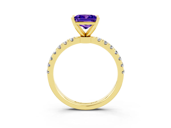 Yellow gold Princess Cut Tanzanite Solitaire Ring with Pavé Accents and Four-Prong Setting