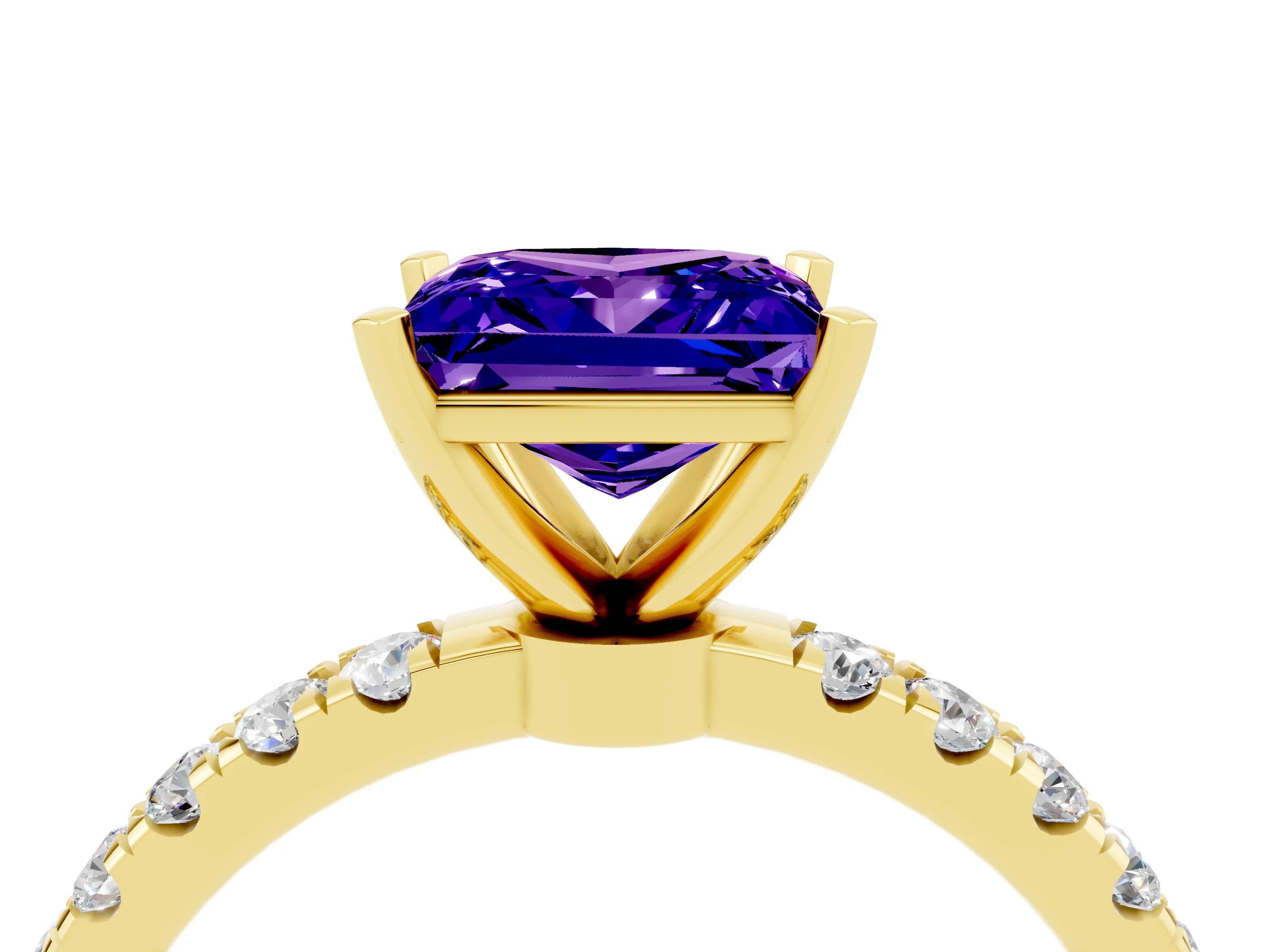 Yellow gold Princess Cut Tanzanite Solitaire Ring with Pavé Accents and Four-Prong Setting_4