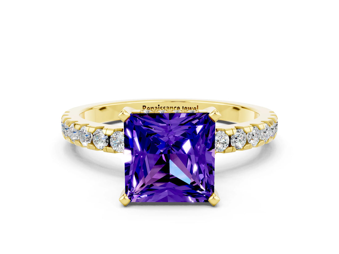 Yellow gold Princess Cut Tanzanite Solitaire Ring with Pavé Band and Four-Prong Setting_24