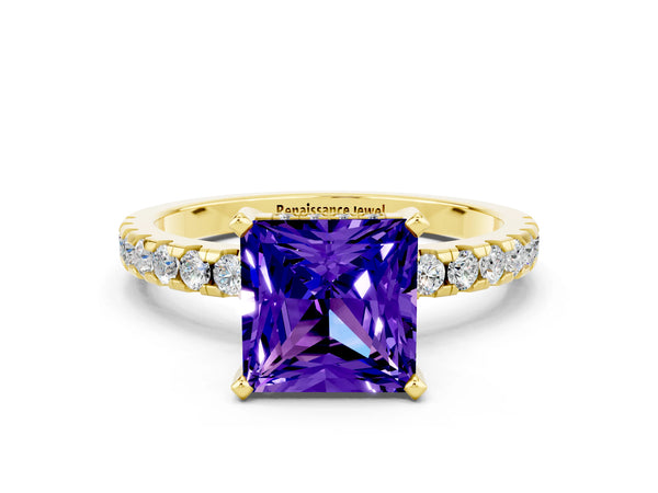 Yellow gold Princess Cut Tanzanite Solitaire Ring with Round  Pavé Band and Four-Prong Setting