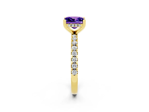 Yellow gold Princess Cut Tanzanite Solitaire Ring with Round  Pavé Band and Four-Prong Setting