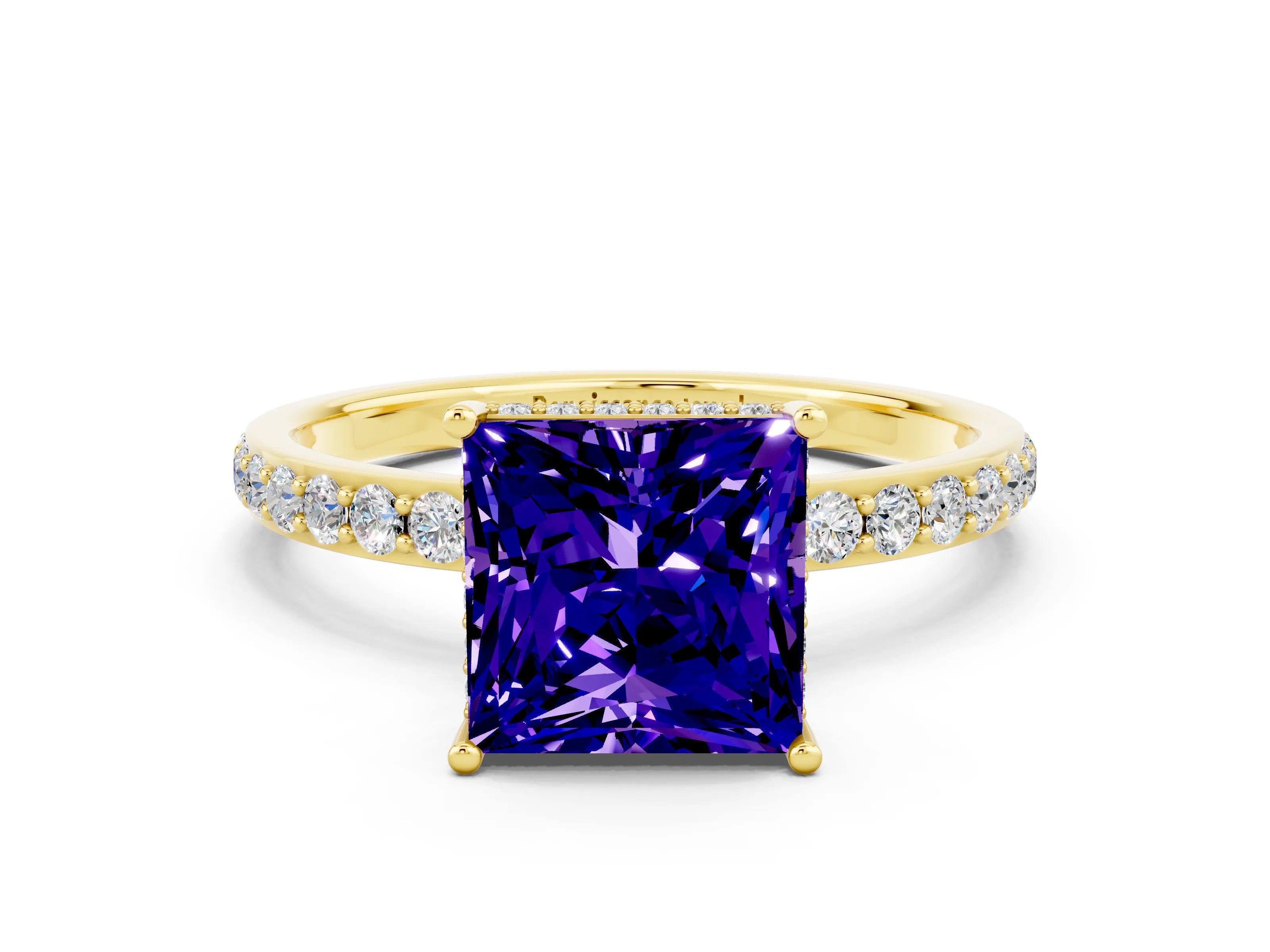 Yellow gold Princess Cut Tanzanite Solitaire Ring with Pavé Band and Hidden Halo_12