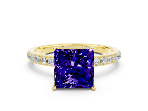 Yellow gold Princess Cut Tanzanite Solitaire Ring with Pavé Band and Hidden Halo_12