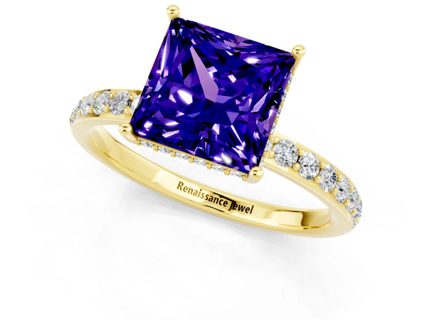 Yellow gold Princess Cut Tanzanite Solitaire Ring with Pavé Band and Hidden Halo