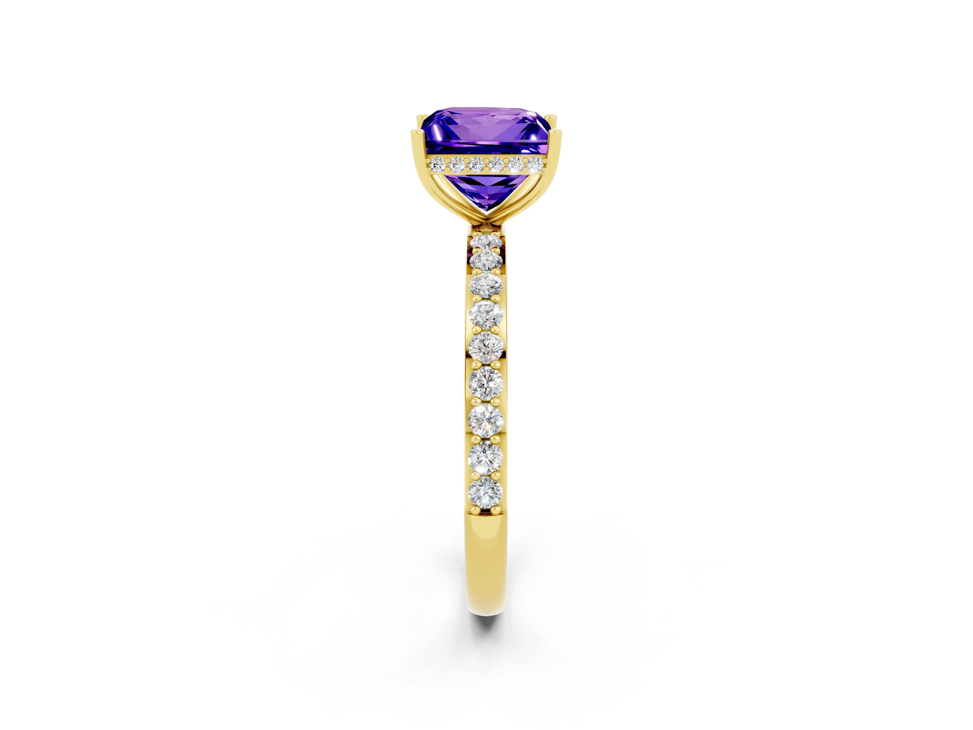 Yellow gold Princess Cut Tanzanite Solitaire Ring with Pavé Band and Hidden Halo_14