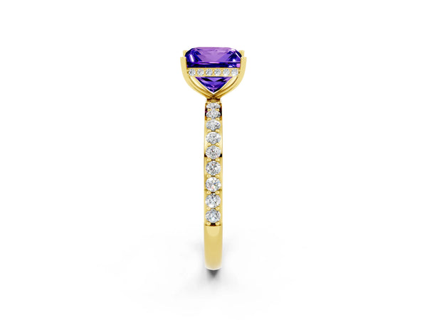 Yellow gold Princess Cut Tanzanite Solitaire Ring with Pavé Band and Hidden Halo