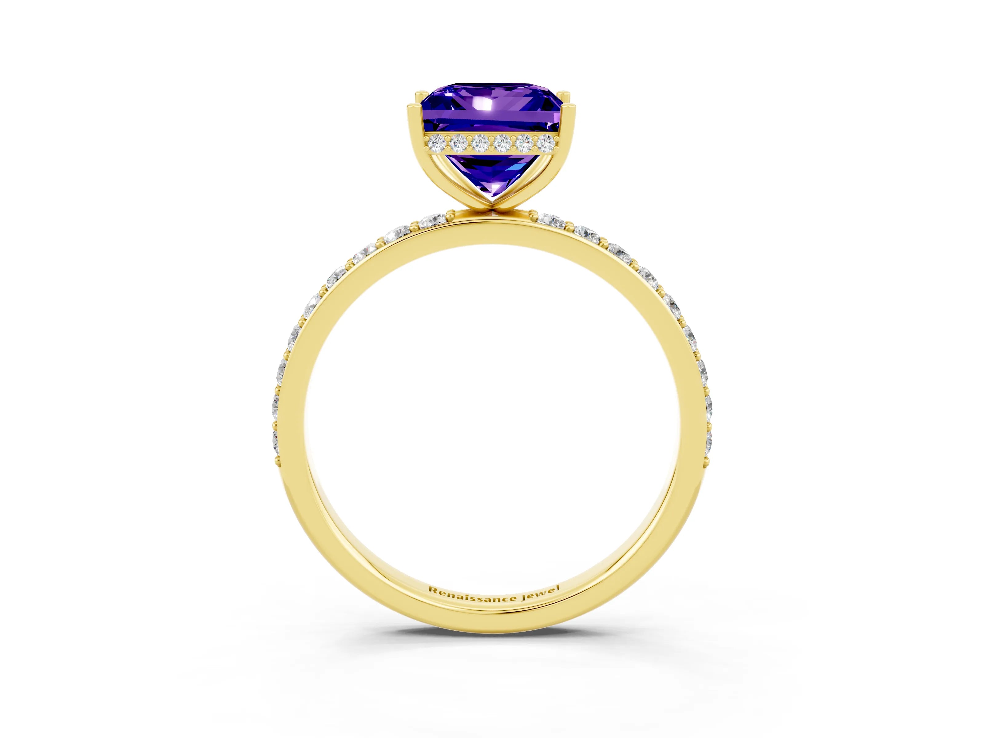 Yellow gold Princess Cut Tanzanite Solitaire Ring with Pavé Band and Hidden Halo_15