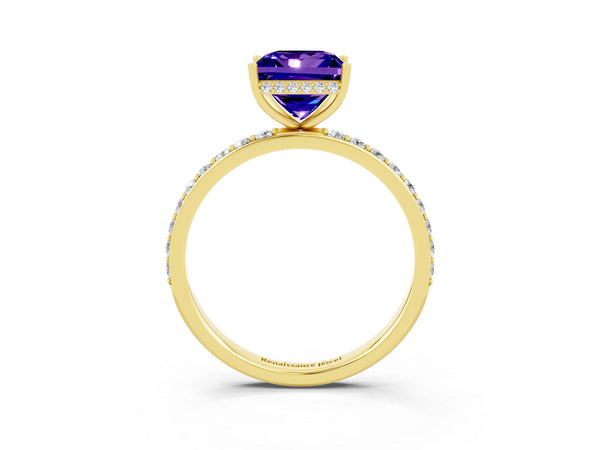 Yellow gold Princess Cut Tanzanite Solitaire Ring with Pavé Band and Hidden Halo