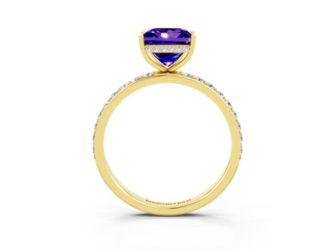 Yellow gold Princess Cut Tanzanite Solitaire Ring with Pavé Band and Hidden Halo_15