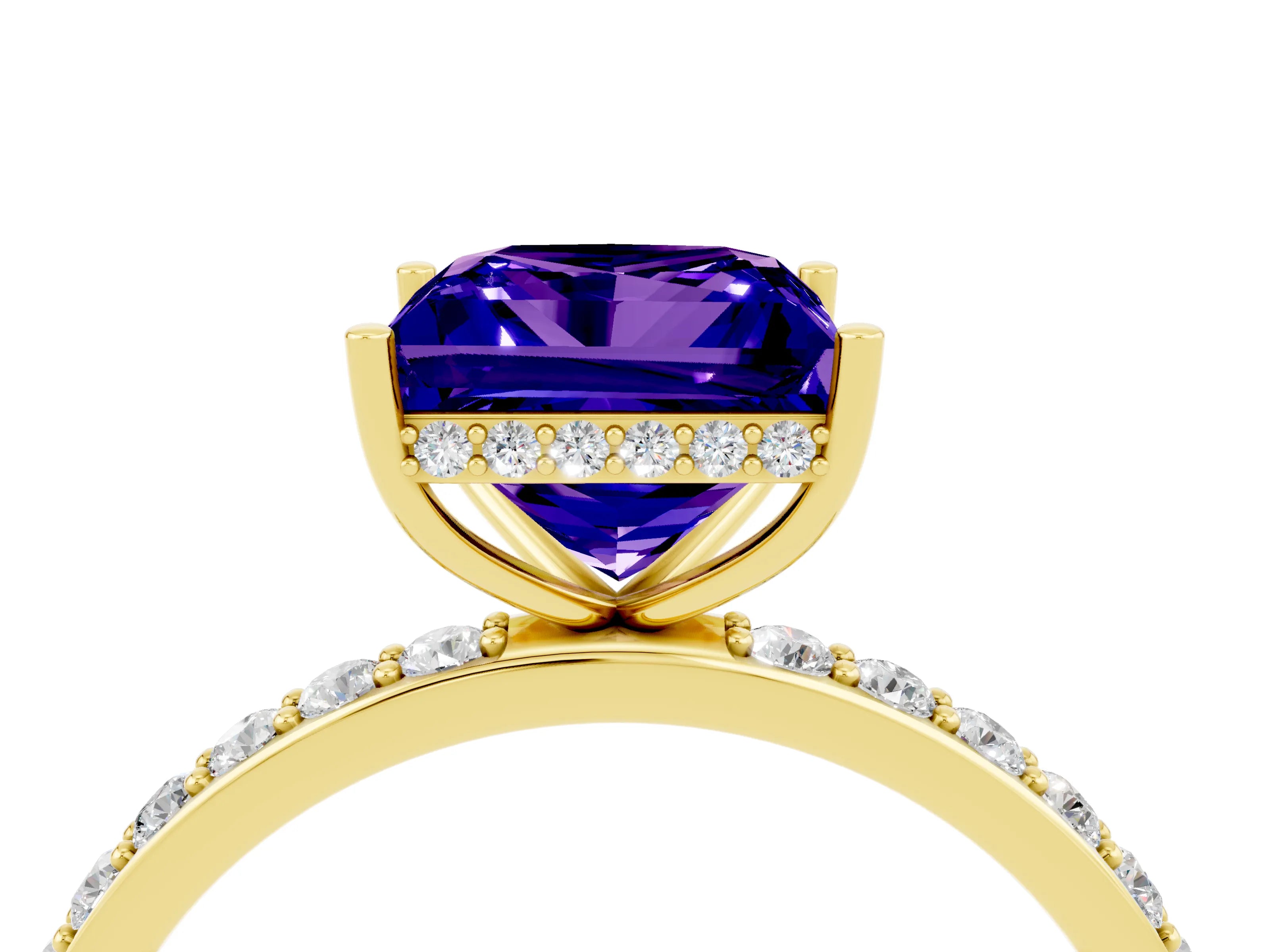 Yellow gold Princess Cut Tanzanite Solitaire Ring with Pavé Band and Hidden Halo_16