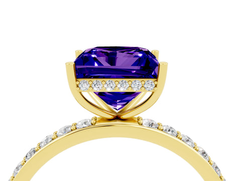 Yellow gold Princess Cut Tanzanite Solitaire Ring with Pavé Band and Hidden Halo_16