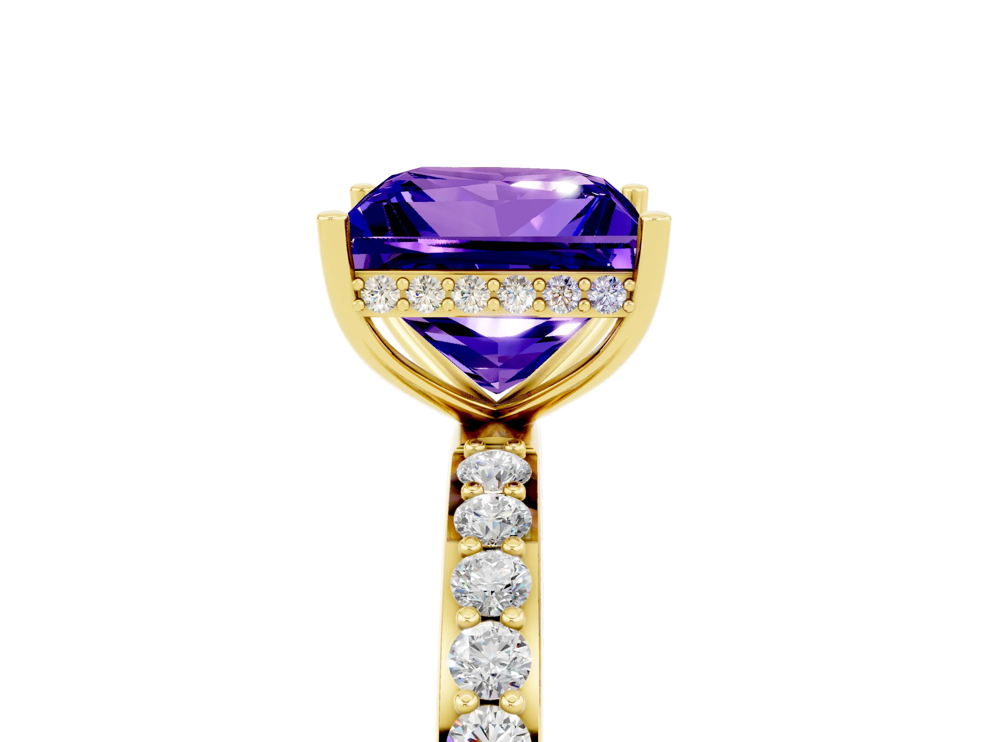 Yellow gold Princess Cut Tanzanite Solitaire Ring with Pavé Band and Hidden Halo_17