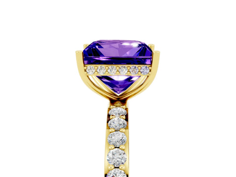 Yellow gold Princess Cut Tanzanite Solitaire Ring with Pavé Band and Hidden Halo_17