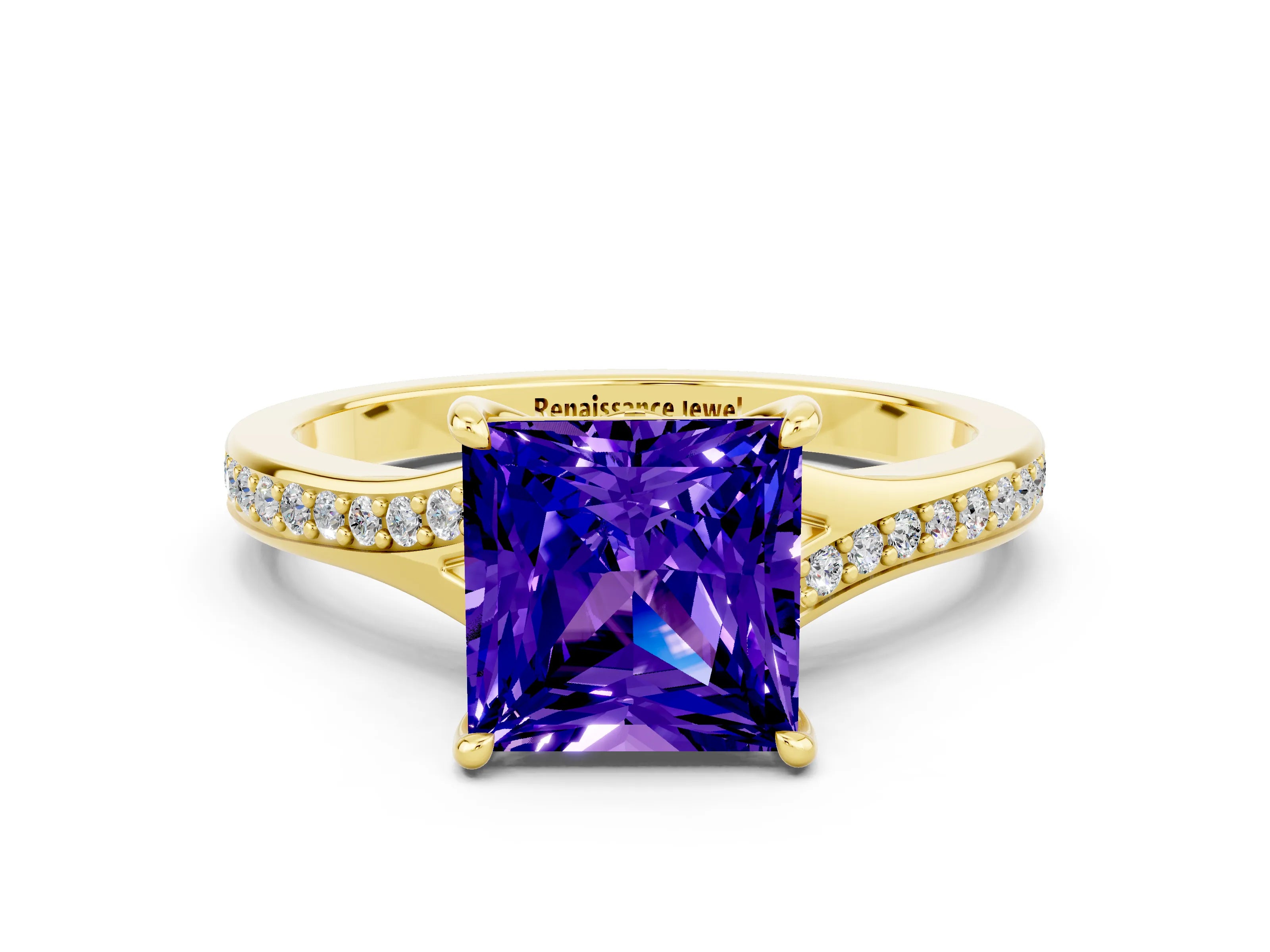 Yellow gold Princess Cut Tanzanite Solitaire Ring with Pavé Band and Prong Setting_12