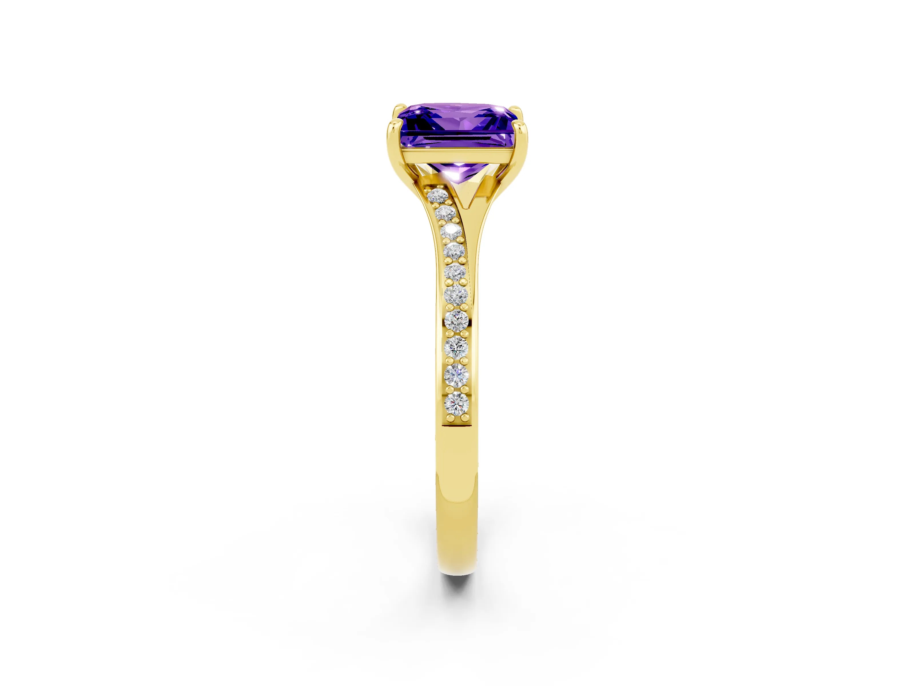 Yellow gold Princess Cut Tanzanite Solitaire Ring with Pavé Band and Prong Setting_14
