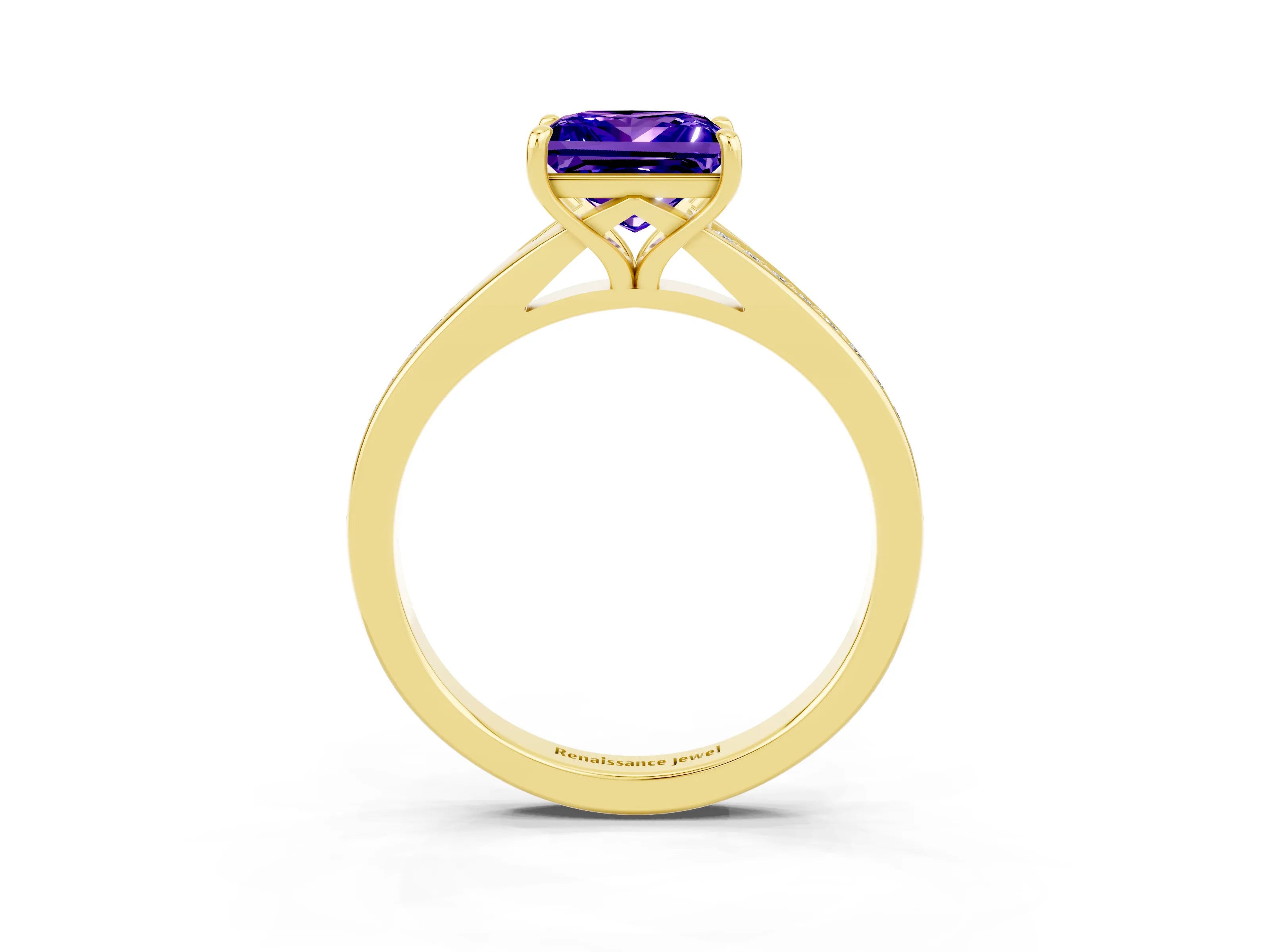Yellow gold Princess Cut Tanzanite Solitaire Ring with Pavé Band and Prong Setting_15