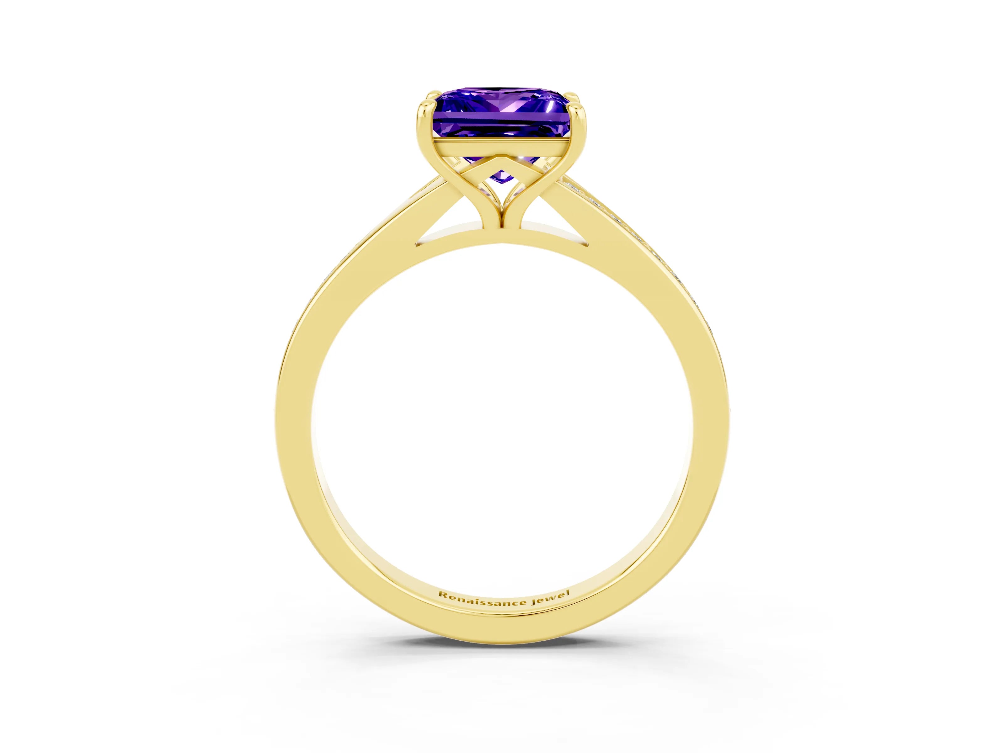 Yellow gold Princess Cut Tanzanite Solitaire Ring with Pavé Band and Prong Setting_3
