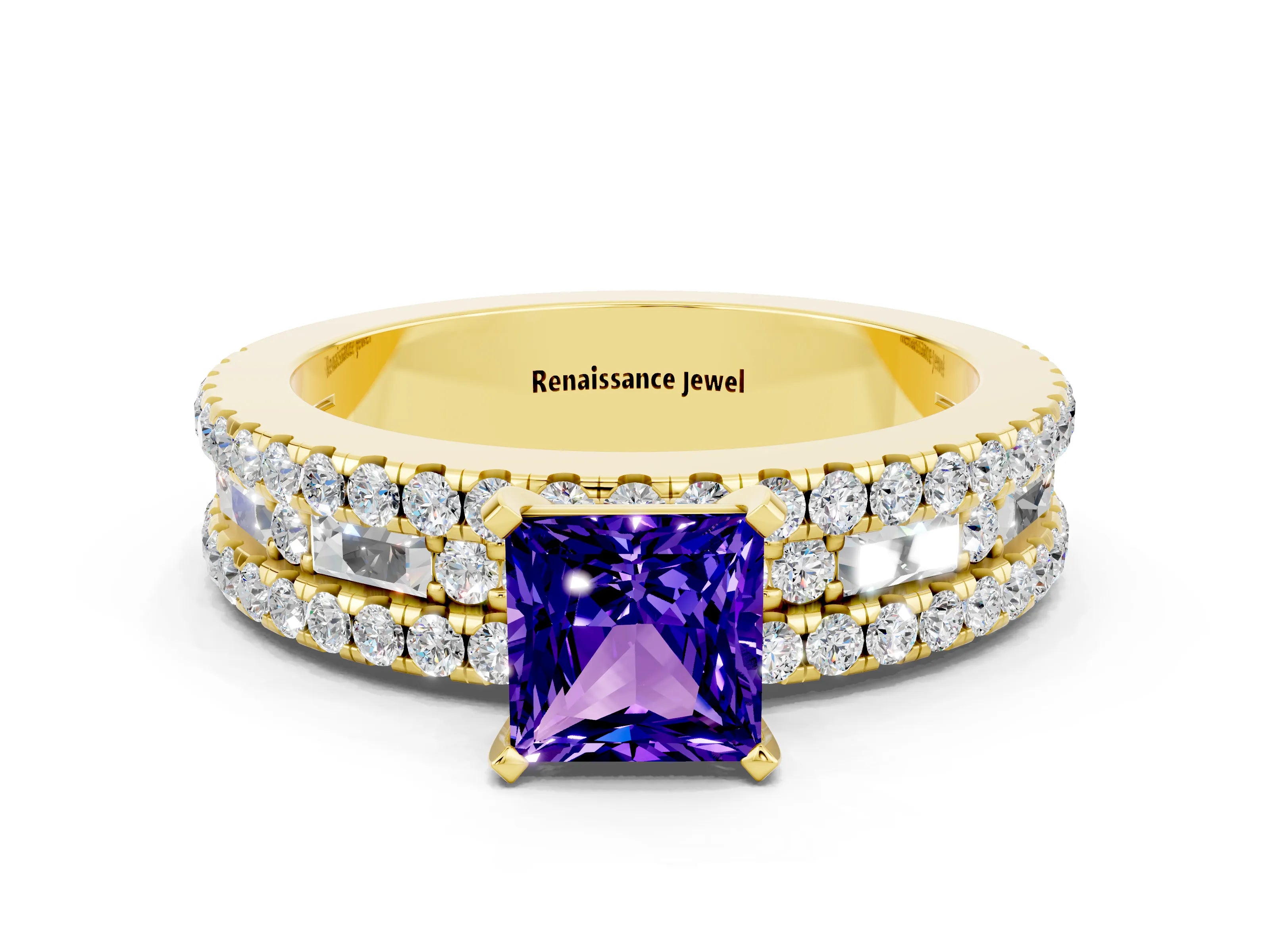 Yellow gold Princess Cut Tanzanite Solitaire Ring with Pavé and Channel Set Band