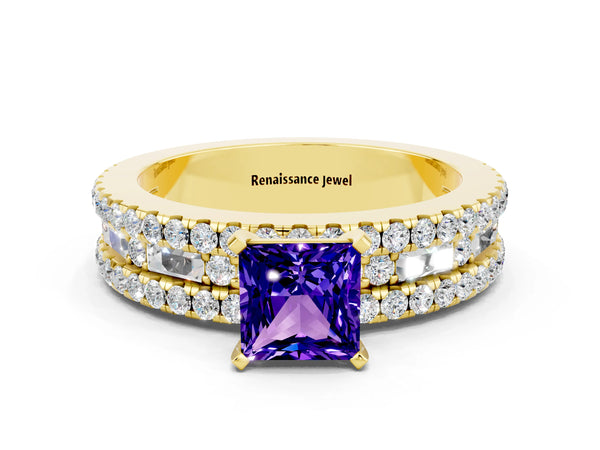 Yellow gold Princess Cut Tanzanite Solitaire Ring with Pavé and Channel Set Band