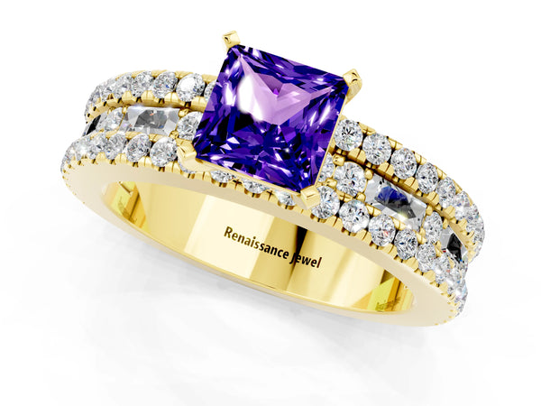 Yellow gold Princess Cut Tanzanite Solitaire Ring with Pavé and Channel Set Band