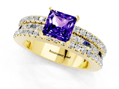 Yellow gold Princess Cut Tanzanite Solitaire Ring with Pavé and Channel Set Band_1
