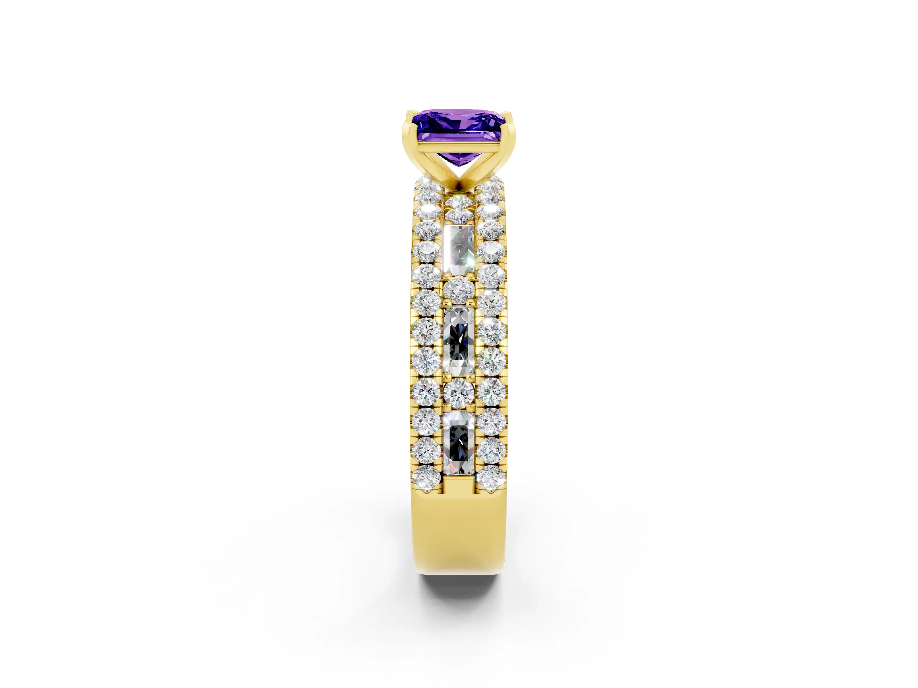 Yellow gold Princess Cut Tanzanite Solitaire Ring with Pavé and Channel Set Band_2