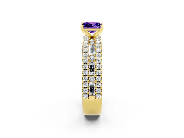 Yellow gold Princess Cut Tanzanite Solitaire Ring with Pavé and Channel Set Band