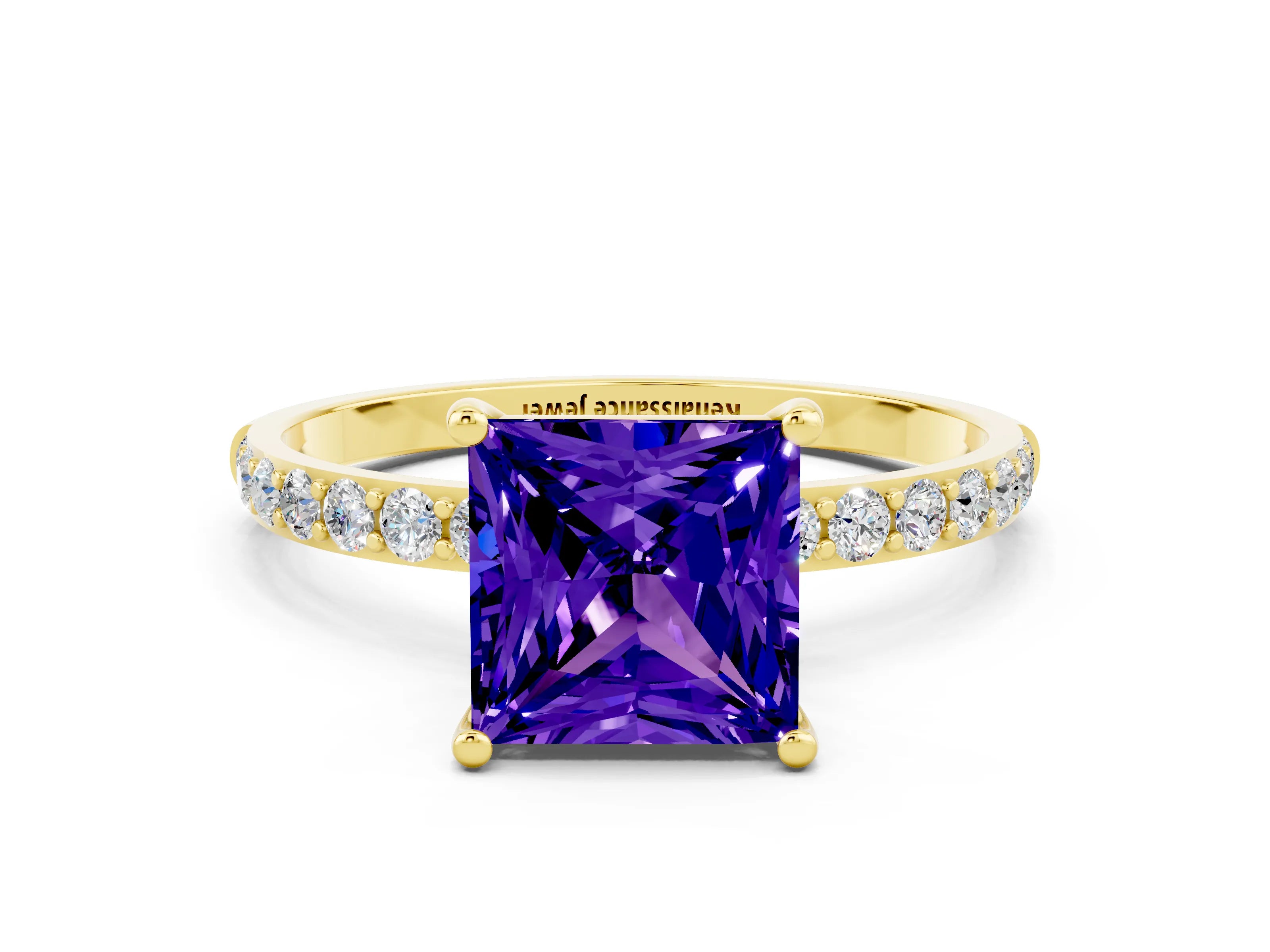 Yellow gold Princess Cut Tanzanite Solitaire Ring with Pave Band and Four Prong Setting_12