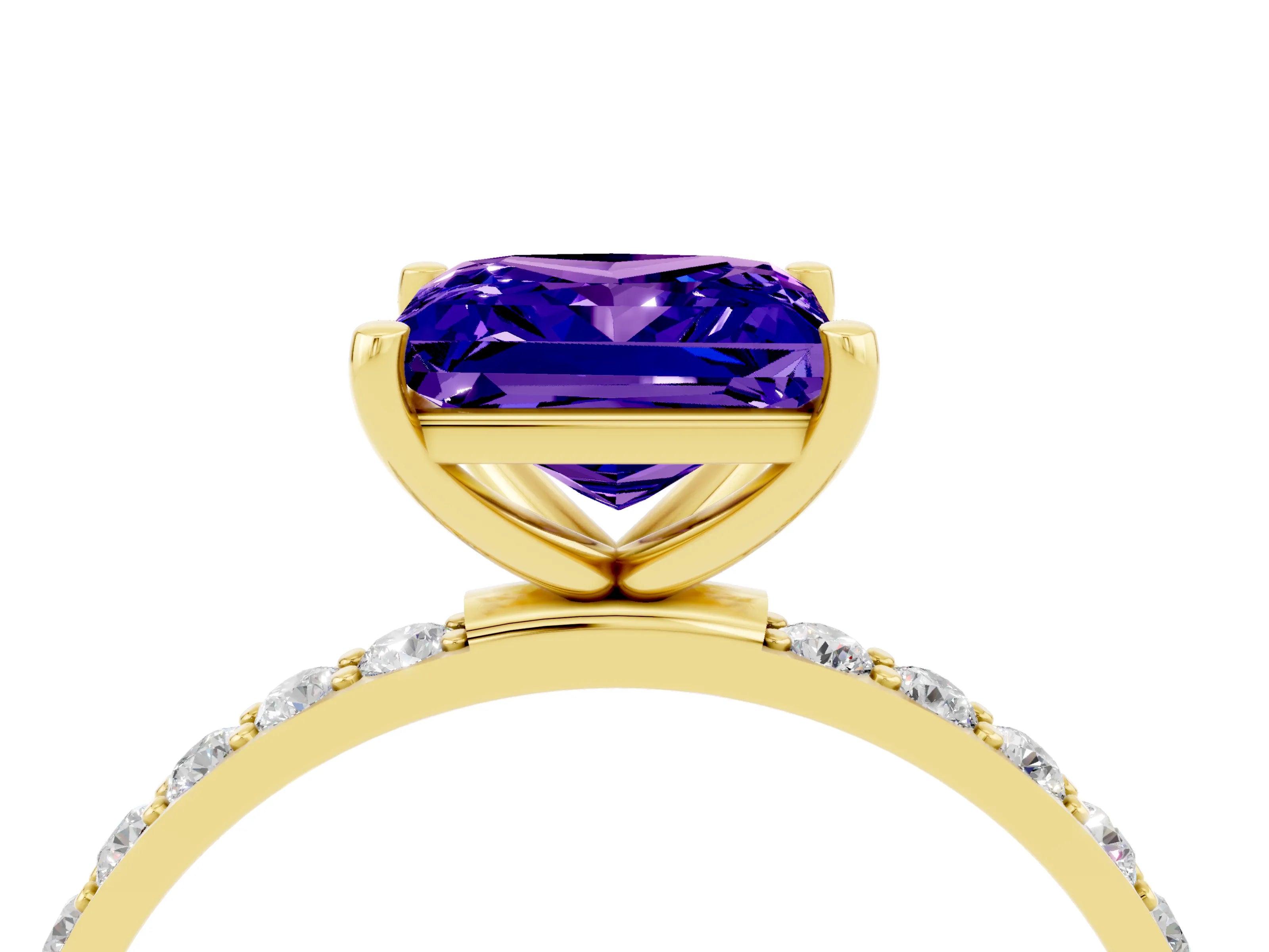 Yellow gold Princess Cut Tanzanite Solitaire Ring with Pave Band and Four Prong Setting_16