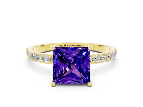 Yellow gold Princess Cut Tanzanite Solitaire Ring with Pave Band and Four Prong Setting_24