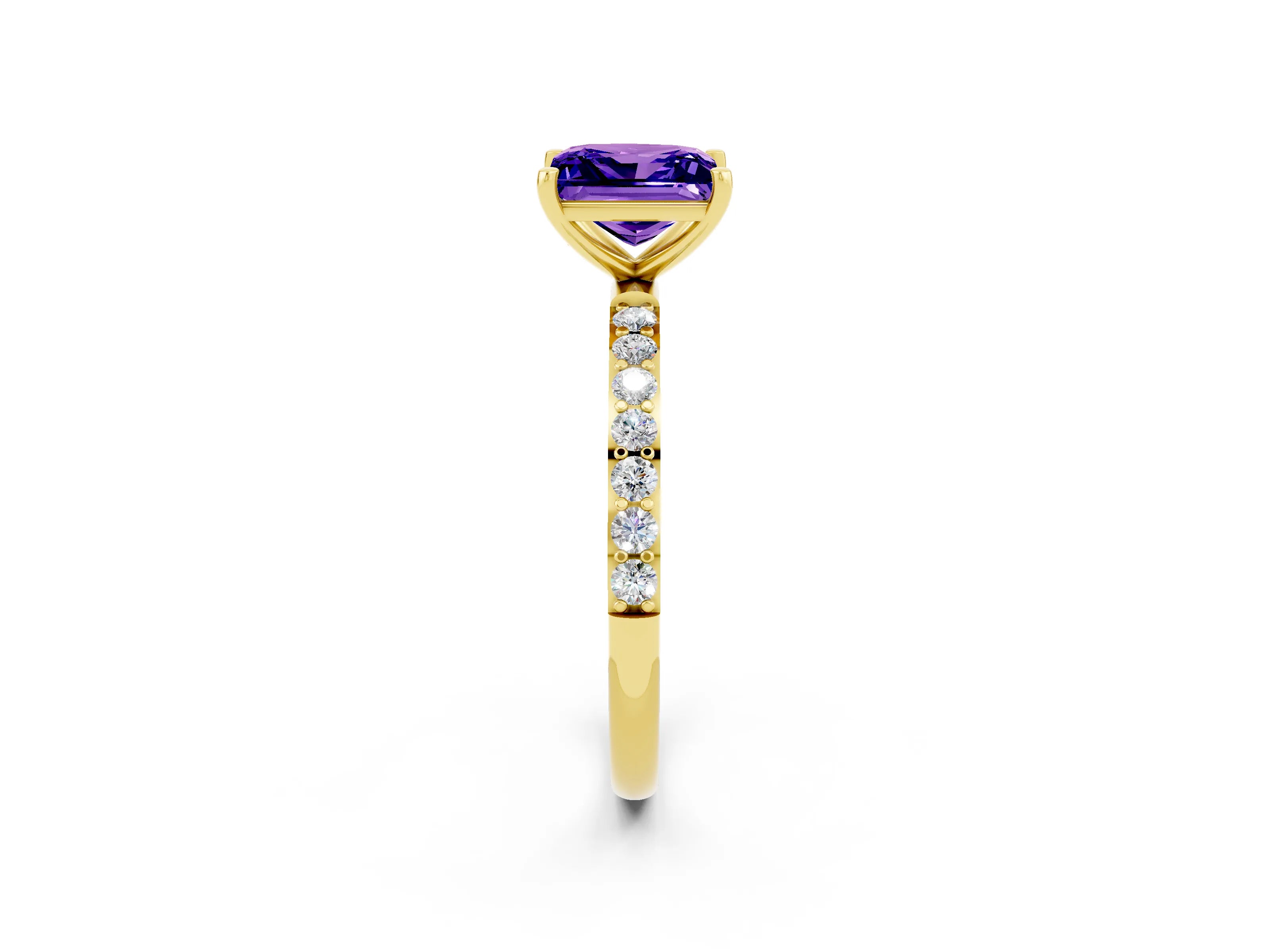 Yellow gold Princess Cut Tanzanite Solitaire Ring with Pave Band and Four Prong Setting_26