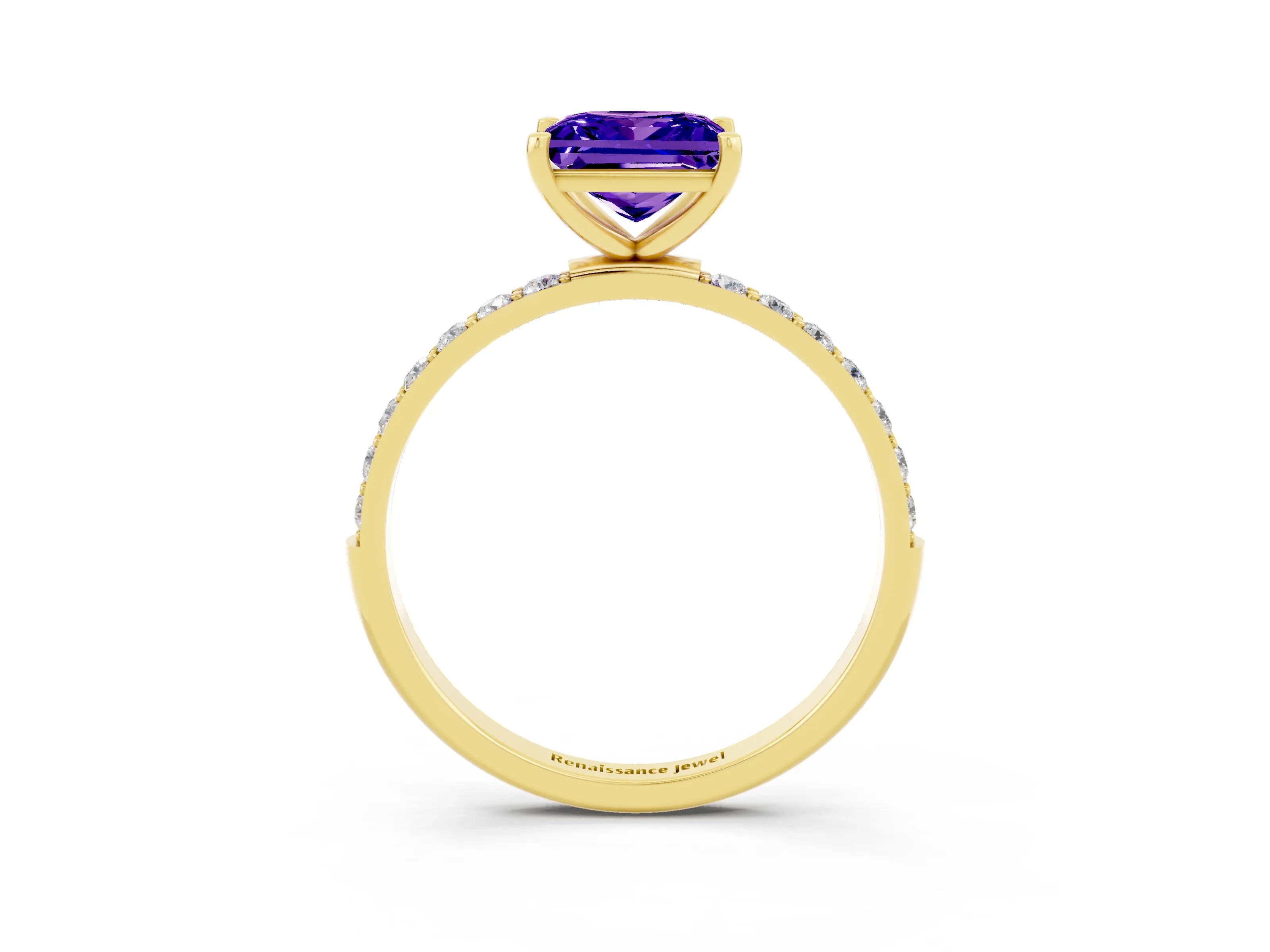 Yellow gold Princess Cut Tanzanite Solitaire Ring with Pave Band and Four Prong Setting_27