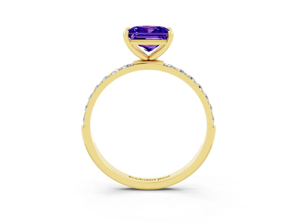 Yellow gold Princess Cut Tanzanite Solitaire Ring with Round  Pavé Band and Prong Setting