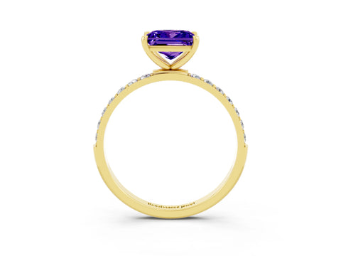 Yellow gold Princess Cut Tanzanite Solitaire Ring with Pave Band and Four Prong Setting_27