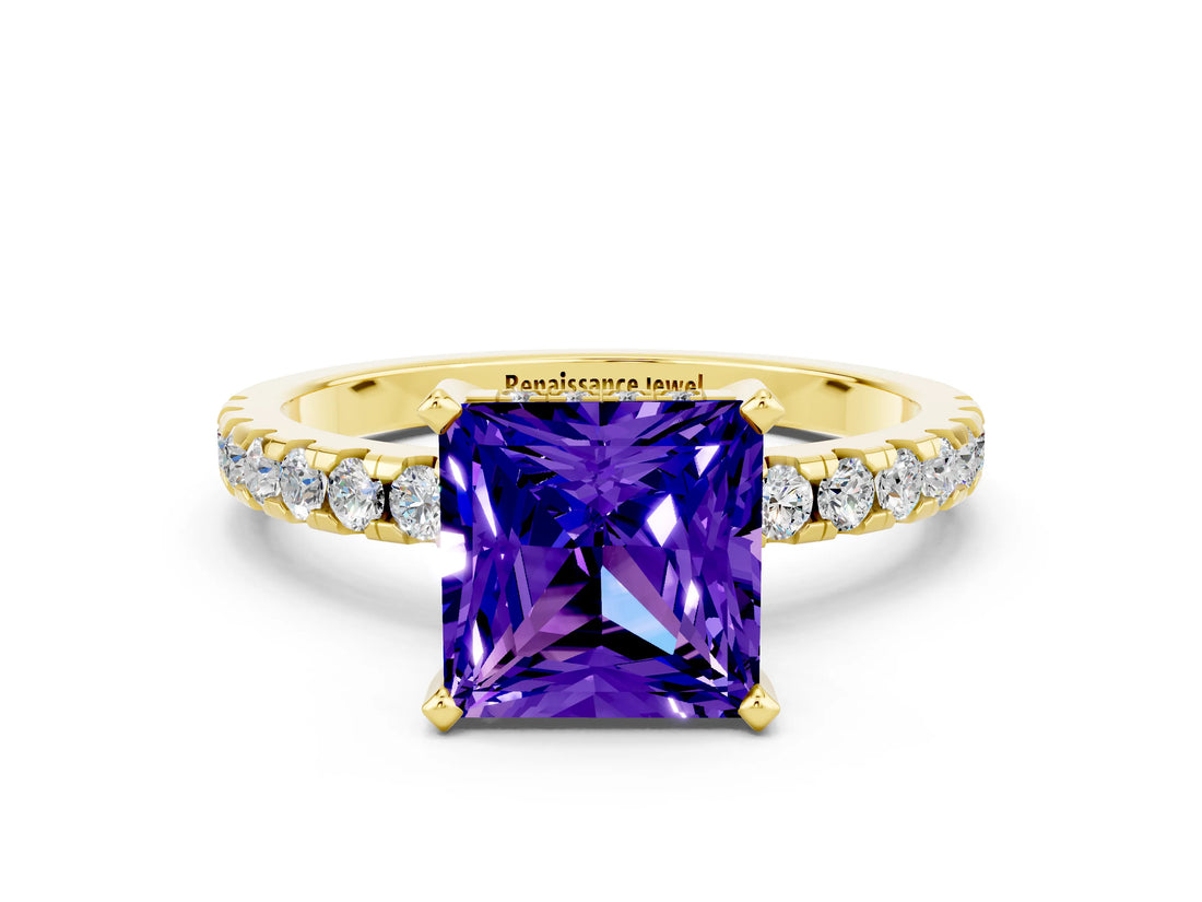 Yellow gold Princess Cut Tanzanite Solitaire Ring with Round  Pavé Band and Four-Prong Setting_36