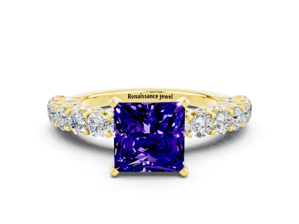 Yellow gold Princess Cut Tanzanite Solitaire Ring with Shared Prong Pavé Band and Four-Prong Setting