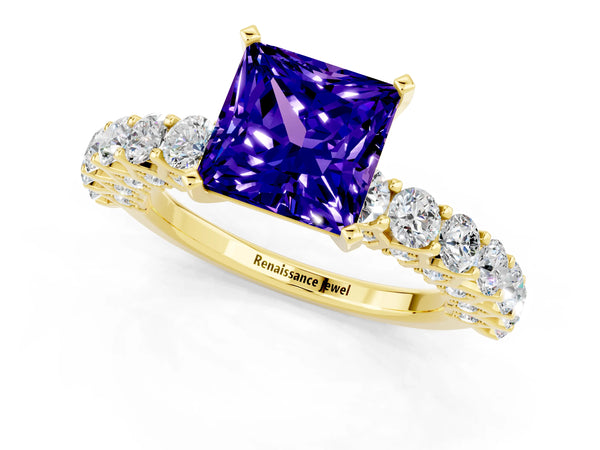Yellow gold Princess Cut Tanzanite Solitaire Ring with Shared Prong Pavé Band and Four-Prong Setting