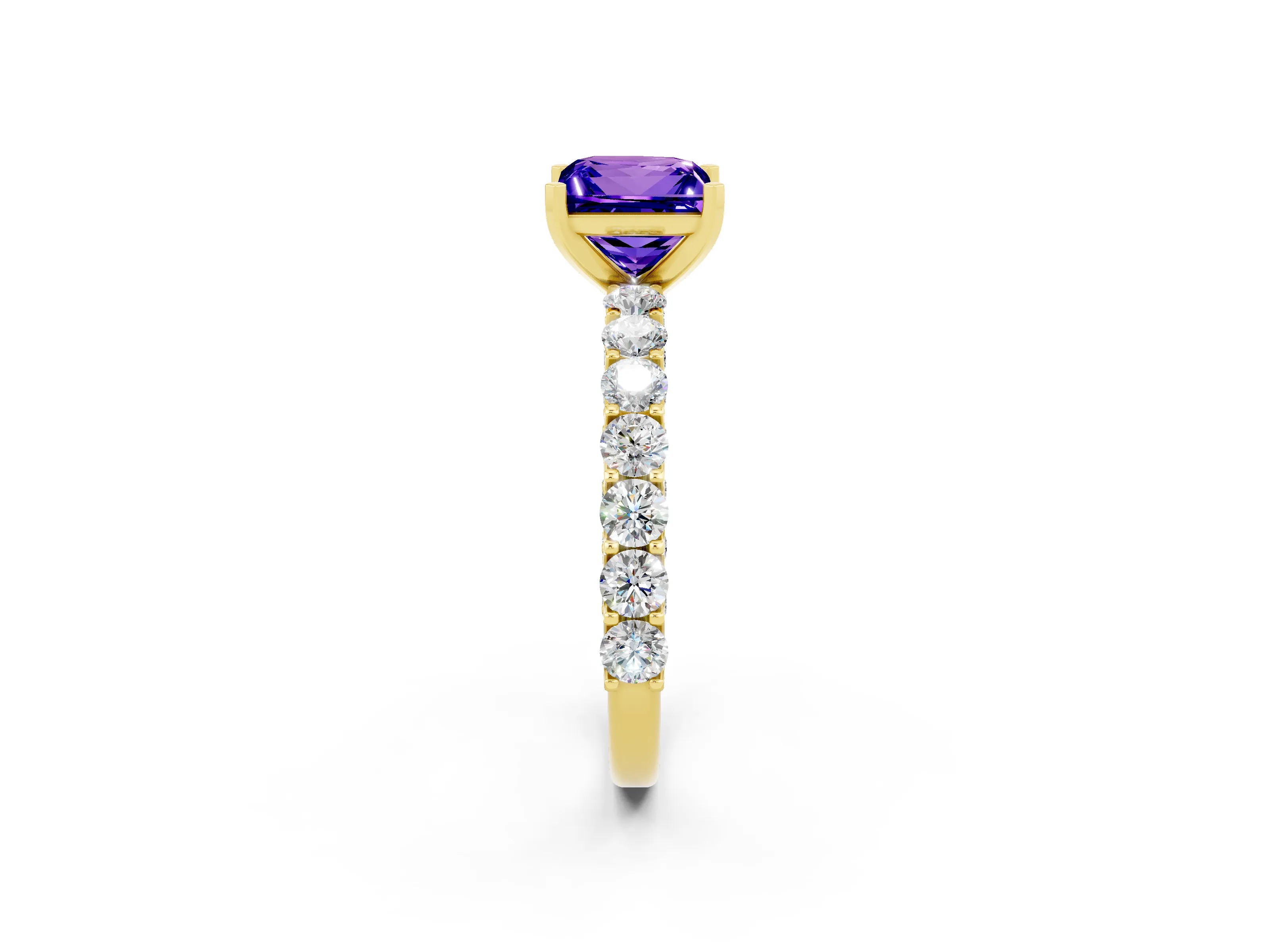 Yellow gold Princess Cut Tanzanite Solitaire Ring with Shared Prong Pavé Band and Four-Prong Setting_2