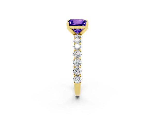 Yellow gold Princess Cut Tanzanite Solitaire Ring with Shared Prong Pavé Band and Four-Prong Setting
